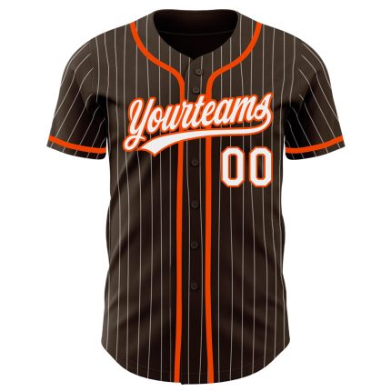 Personalized Brown White Pinstripe Baseball Jersey with Orange Accents Personalized Brown White Pinstripe Orange Baseball
