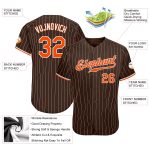 Personalized Brown White Pinstripe Baseball Jersey with Orange-White Accents Personalized Brown White Pinstripe Orange-White