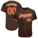 Personalized Brown White Pinstripe Baseball Jersey with Orange-White Accents Personalized Brown White Pinstripe Orange-White