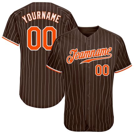 Personalized Brown White Pinstripe Baseball Jersey with Orange-White Accents Personalized Brown White Pinstripe Orange-White