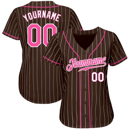 Personalized Brown White Pinstripe Baseball Jersey for Men and Women - Custom Pink White Design Personalized Brown White