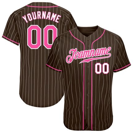 Personalized Brown White Pinstripe Baseball Jersey for Men and Women - Custom Pink White Design Personalized Brown White