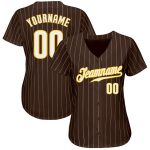 Personalized Brown White Pinstripe Baseball Jersey with Gold Accents Personalized Brown White Pinstripe White-Gold Baseball