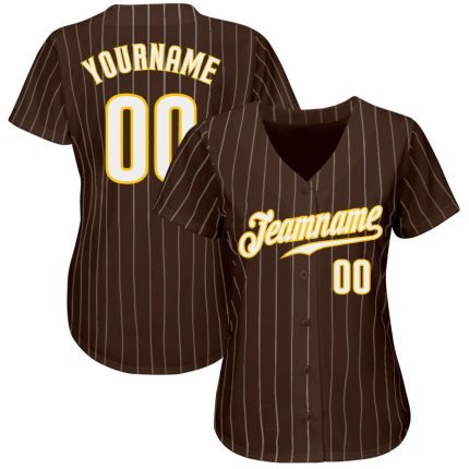 Personalized Brown White Pinstripe Baseball Jersey with Gold Accents Personalized Brown White Pinstripe White-Gold Baseball
