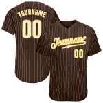 Personalized Brown White Pinstripe Baseball Jersey with Gold Accents Personalized Brown White Pinstripe White-Gold Baseball