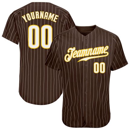 Personalized Brown White Pinstripe Baseball Jersey with Gold Accents Personalized Brown White Pinstripe White-Gold Baseball