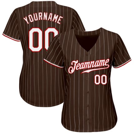 Personalized Brown and White Pinstripe Baseball Jersey with Red Accents Personalized Brown White Pinstripe White-Red Baseball