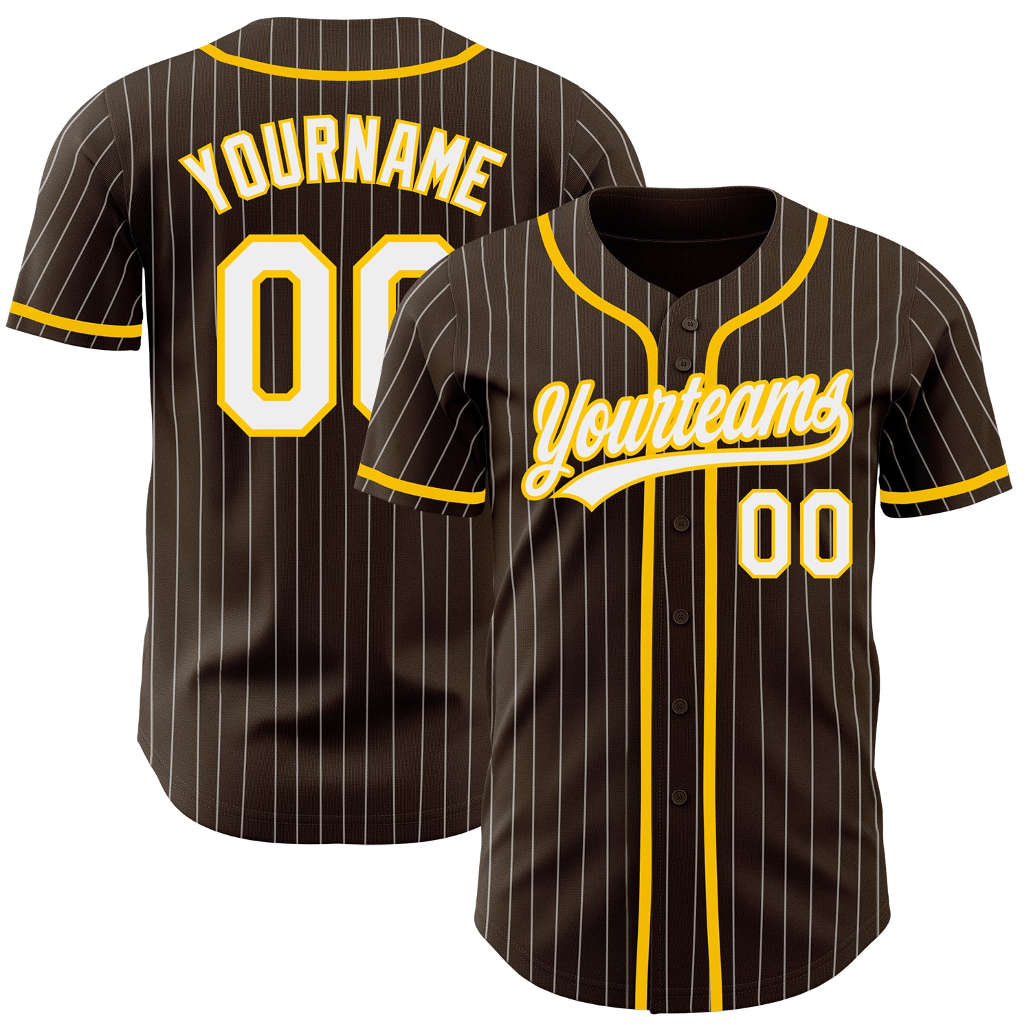 Custom Authentic Baseball Jersey with Personalized Name and Number - Brown White Pinstripe Yellow Design Personalized Brown