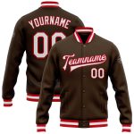 Personalized Brown White Red Varsity Letterman Bomber Jacket Full-Snap Personalized Brown White-Red Bomber Full-Snap Varsity