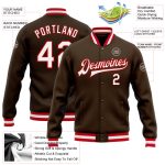 Personalized Brown White Red Varsity Letterman Bomber Jacket Full-Snap Personalized Brown White-Red Bomber Full-Snap Varsity