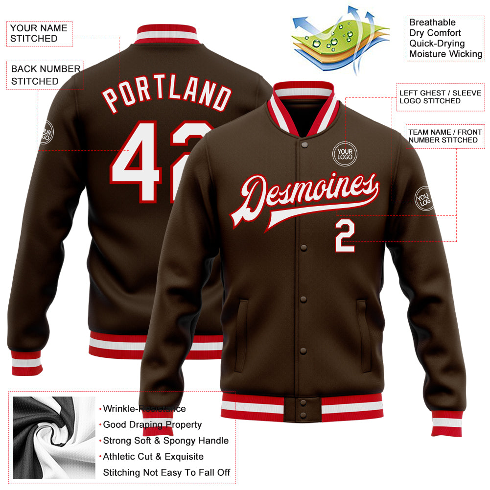 Personalized Brown White-Red Bomber Full-Snap Varsity Letterman Jacket Team Custom Name and Number Custom Personalized Varsity Letterman Bomber Jacket with Team Name and Number in Brown Red White Personalized Brown White-Red - Image 3