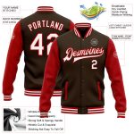 Custom Team Name Number Personalized Two Tone Bomber Varsity Letterman Jacket Brown White Red Full-Snap Personalized Brown