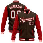 Personalized Two Tone Brown White-Red Full-Snap Varsity Letterman Bomber Jacket Personalized Brown White-Red Bomber Full-Snap