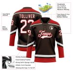 Personalized Hockey Lace Neck Jersey in Brown, White, and Red Colors Personalized Brown White-Red Hockey Lace Neck Jersey