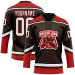 Personalized Hockey Lace Neck Jersey in Brown, White, and Red Colors Personalized Brown White-Red Hockey Lace Neck Jersey