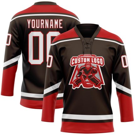 Personalized Hockey Lace Neck Jersey in Brown, White, and Red Colors Personalized Brown White-Red Hockey Lace Neck Jersey