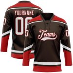 Personalized Hockey Lace Neck Jersey in Brown, White, and Red Colors Personalized Brown White-Red Hockey Lace Neck Jersey