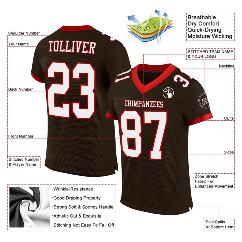 Personalized Authentic Football Jersey - Brown Red White Mesh Design Personalized Brown White-Red Mesh Authentic Football