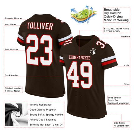 Personalized Brown Red White Mesh Football Jersey for Men, Women & Kids Personalized Brown White-Red Mesh Football Jersey