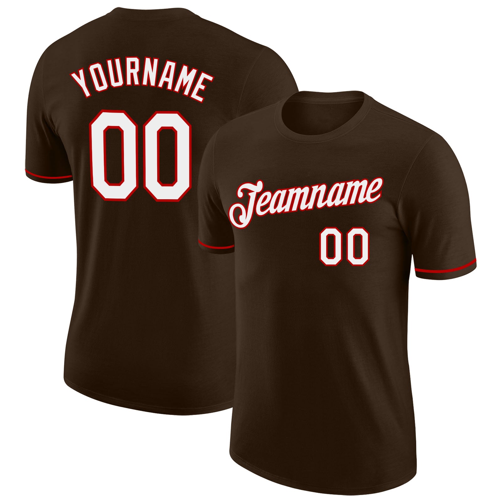 Custom Team Name and Number Performance T-Shirt - Personalized Brown White-Red Design Personalized Brown White-Red Performance