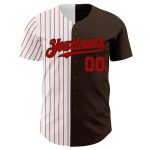 Customizable Pinstripe Baseball Jersey with Name and Number - Authentic Brown White-Red Split Design Personalized Brown White-Red