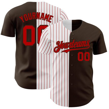 Personalized Pinstripe Baseball Jersey in Brown White Red Split Style Personalized Brown White-Red Pinstripe Split Fashion
