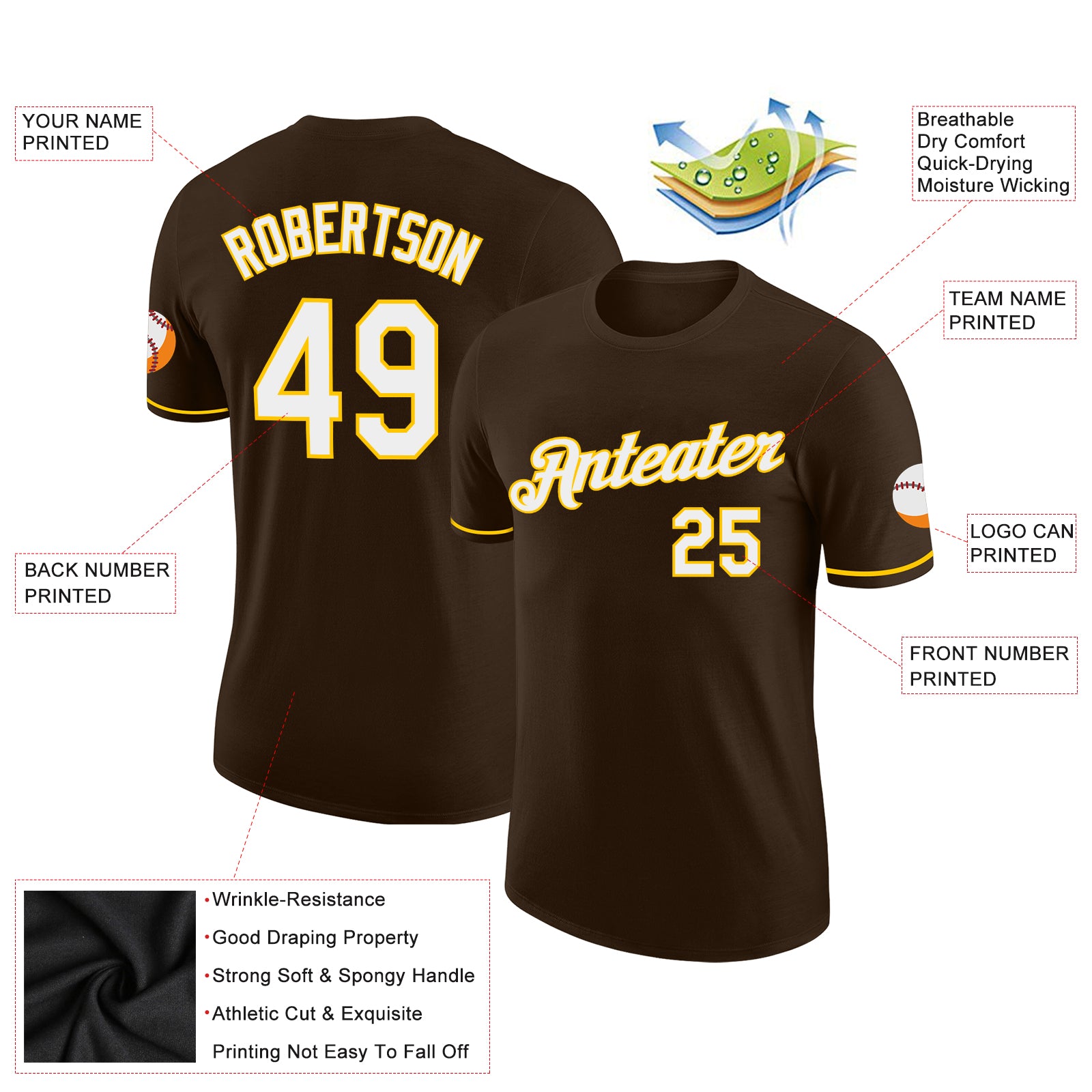 Personalized Performance T-Shirt in Brown and Yellow for Men Personalized Brown White-Yellow Performance T-Shirt - Image 2