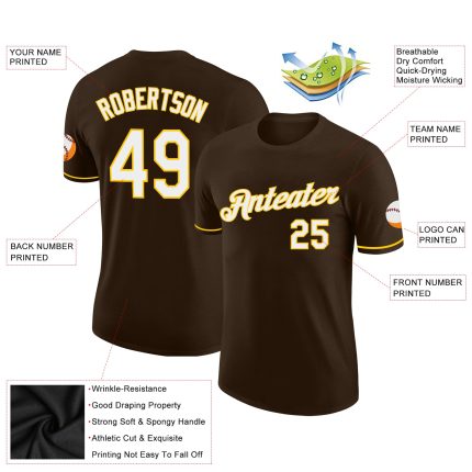 Custom Team T-Shirt with Personalized Name and Number, Brown and White-Yellow Performance Tee Personalized Brown White-Yellow