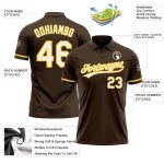Personalized Team Golf Polo Shirt with Custom Name and Number in Brown White Yellow Performance Vapor Design Personalized