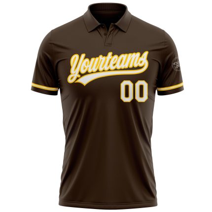 Personalized Team Golf Polo Shirt with Custom Name and Number in Brown White Yellow Performance Vapor Design Personalized