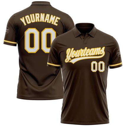 Personalized Team Golf Polo Shirt with Custom Name and Number in Brown White Yellow Performance Vapor Design Personalized
