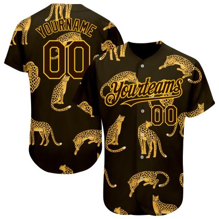 Custom 3D Leopard Print Baseball Jersey in Brown and Yellow for Men Personalized Brown Yellow 3D Leopard Baseball Jersey