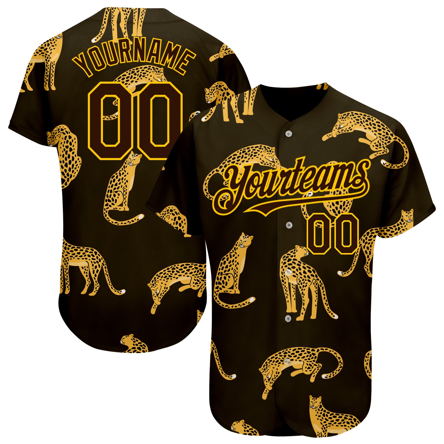 Custom 3D Leopard Print Baseball Jersey in Brown and Yellow for Men Personalized Brown Yellow 3D Leopard Baseball Jersey