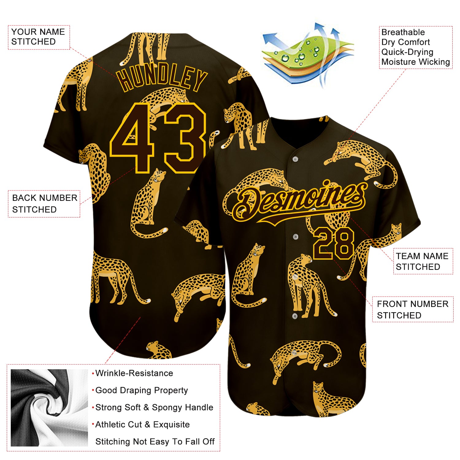 Personalized Brown Yellow 3D Leopard Baseball Jersey 2 Custom 3D Leopard Print Baseball Jersey in Brown and Yellow for Men Personalized Brown Yellow 3D Leopard Baseball Jersey - Image 3