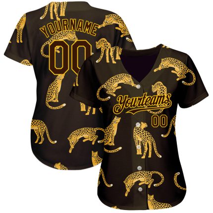 Custom 3D Leopard Print Baseball Jersey in Brown and Yellow for Men Personalized Brown Yellow 3D Leopard Baseball Jersey