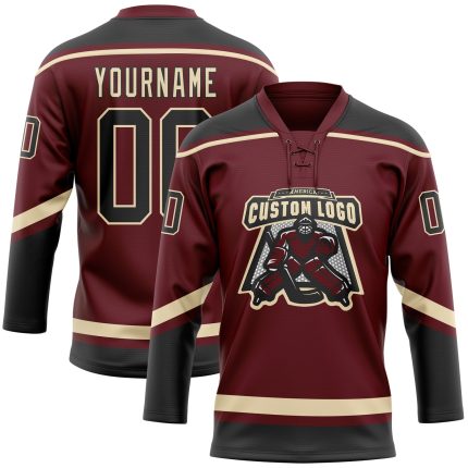 Custom Name and Number Hockey Jersey - Personalized Burgundy and Black Lace Neck Design Personalized Burgundy Black-City