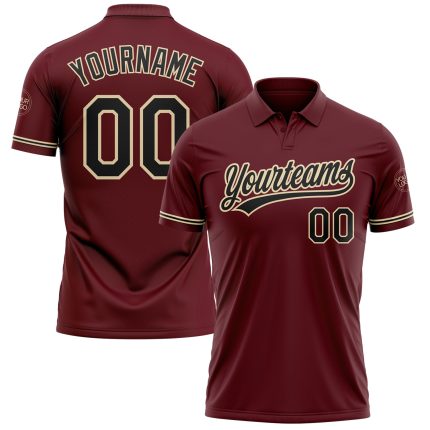 Custom Name and Number Performance Vapor Golf Polo Shirt - Personalized Burgundy Black-City Cream Personalized Burgundy Black-City