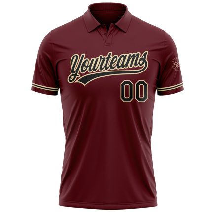 Custom Name and Number Performance Vapor Golf Polo Shirt - Personalized Burgundy Black-City Cream Personalized Burgundy Black-City
