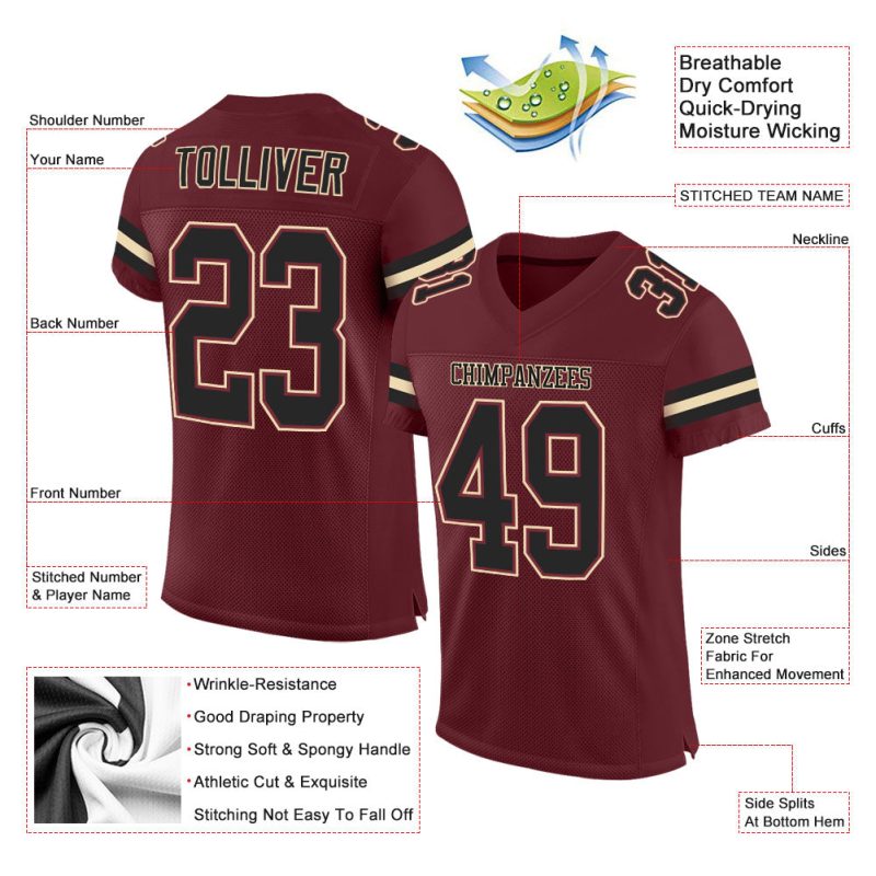 Custom Name Number Authentic Burgundy Black-Cream Mesh Football Jersey - Personalized Team Jersey Personalized Burgundy Black-Cream