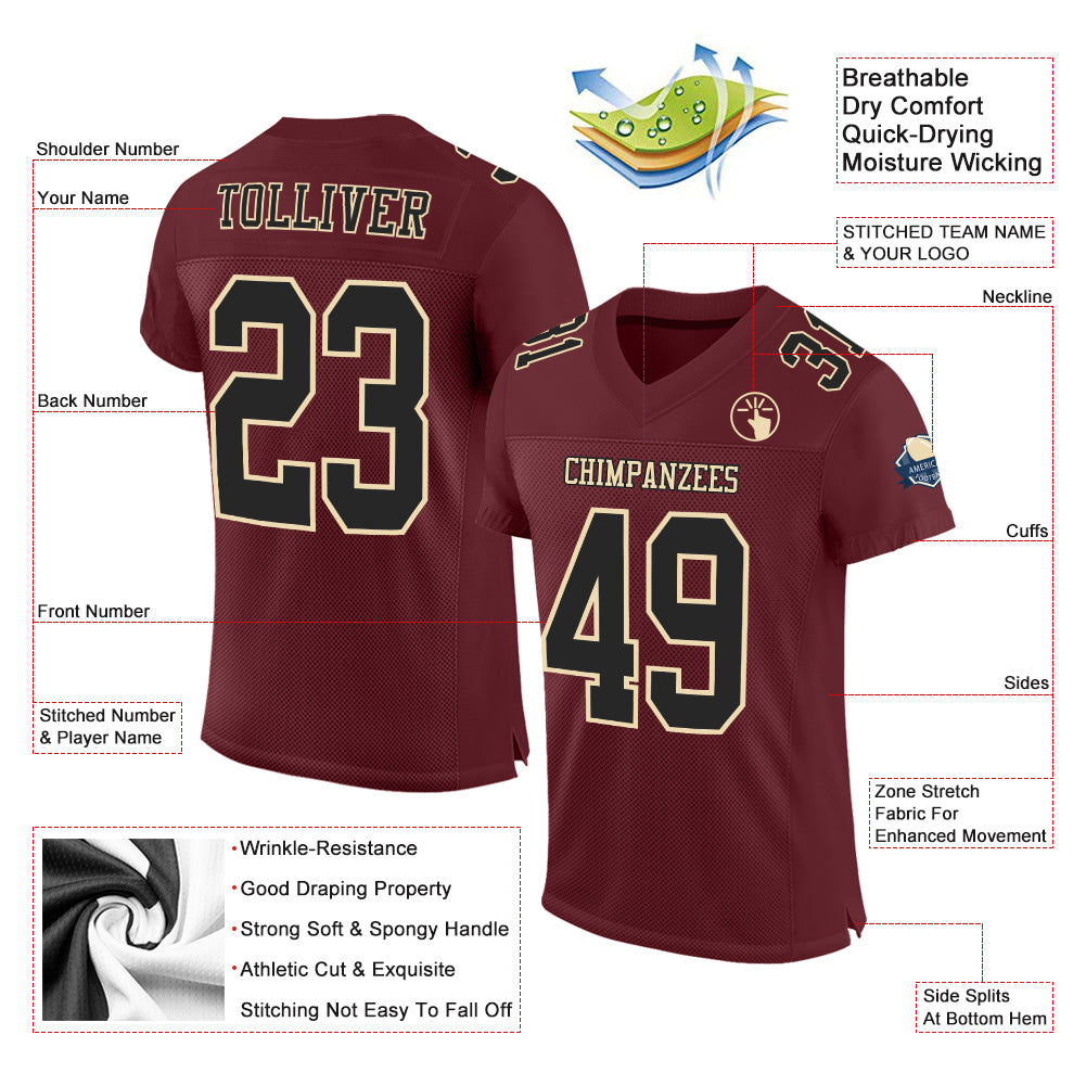 Personalized Burgundy Black-Cream Mesh Football Jersey 2 Personalized Burgundy Black Cream Mesh Football Jersey for Men and Women - Custom Team Apparel Personalized Burgundy Black-Cream - Image 2