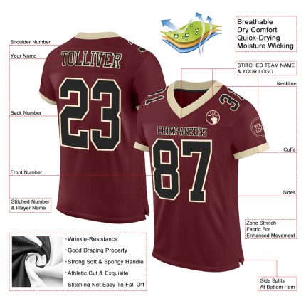 Custom Burgundy and Black Cream Mesh Football Jersey for Men 3 Personalized Burgundy Black-Cream Mesh Football Jersey 3