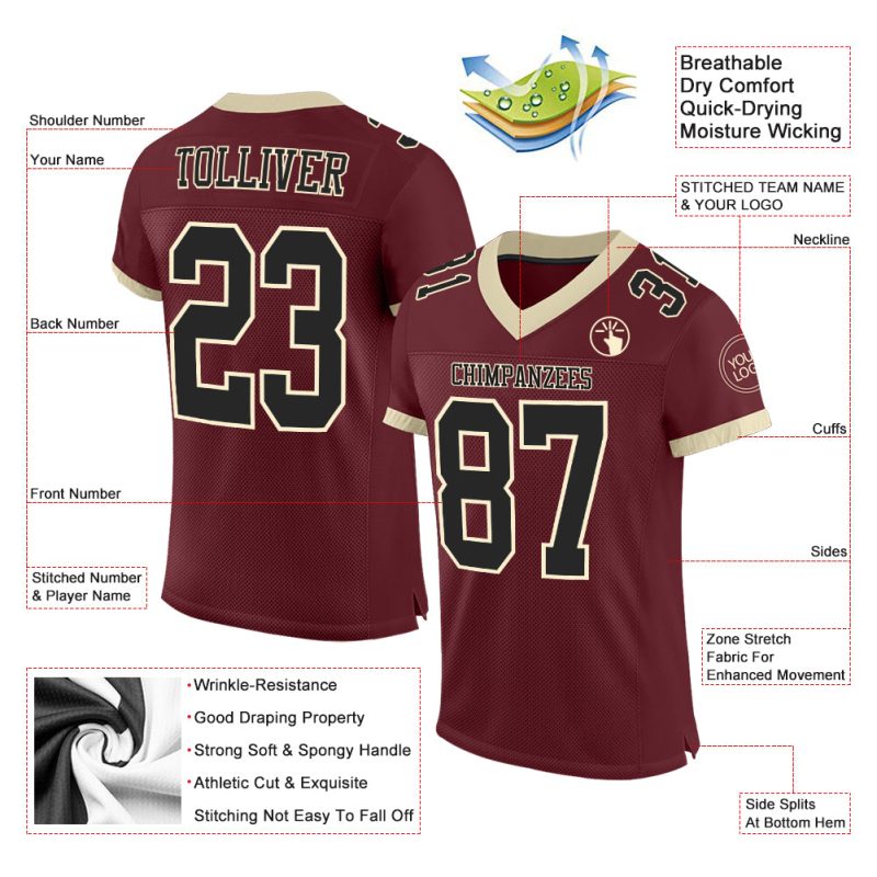 Custom Burgundy and Black Cream Mesh Football Jersey for Men 3 Personalized Burgundy Black-Cream Mesh Football Jersey 3