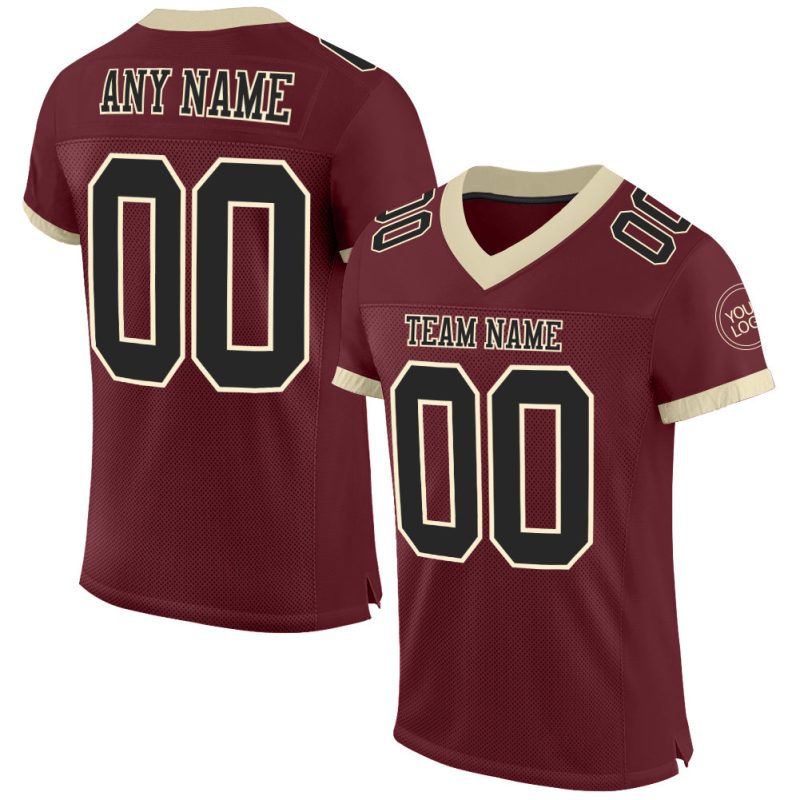 Custom Burgundy and Black Cream Mesh Football Jersey for Men 3 Personalized Burgundy Black-Cream Mesh Football Jersey 3