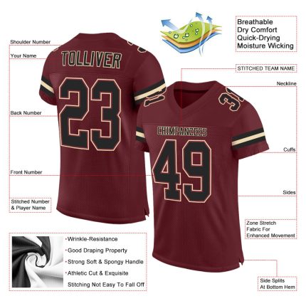 Personalized Burgundy Black Cream Football Jersey Mesh Fabric for Custom Team Wear Personalized Burgundy Black-Cream Mesh