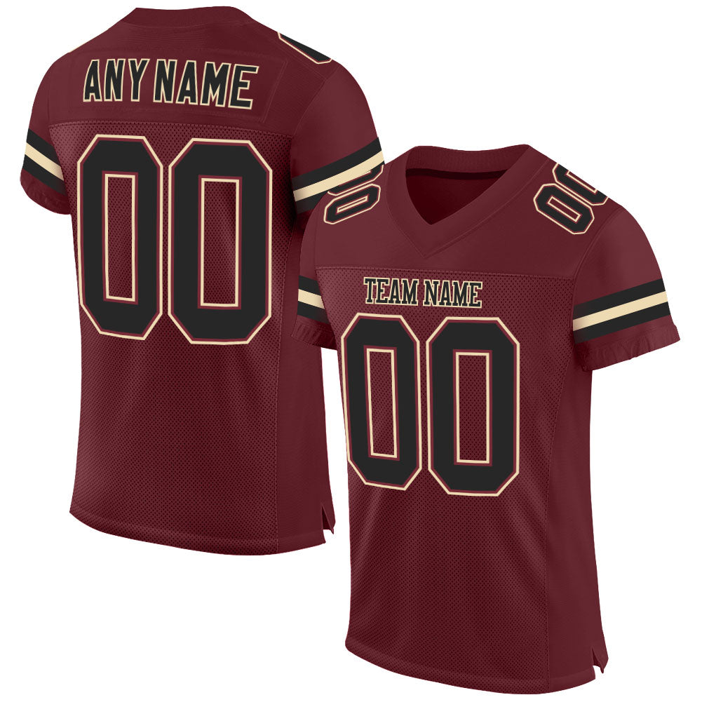 Personalized Burgundy Black Cream Football Jersey Mesh Fabric for Custom Team Wear Personalized Burgundy Black-Cream Mesh