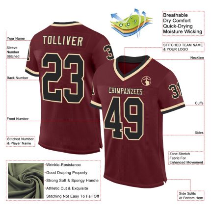Personalized Burgundy Mesh Football Jersey | Black-Cream Throwback Design Personalized Burgundy Black-Cream Mesh Throwback
