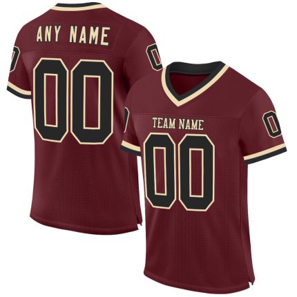 Personalized Burgundy Mesh Football Jersey | Black-Cream Throwback Design Personalized Burgundy Black-Cream Mesh Throwback