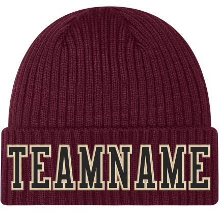 Custom Team Name Number Cuffed Knit Hat Burgundy Black-Cream Stitched Personalized Beanie Personalized Burgundy Black-Cream