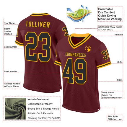 Custom Name Number Burgundy Black-Gold Mesh Football Jersey - Personalized Authentic Throwback Team Jersey Personalized Burgundy