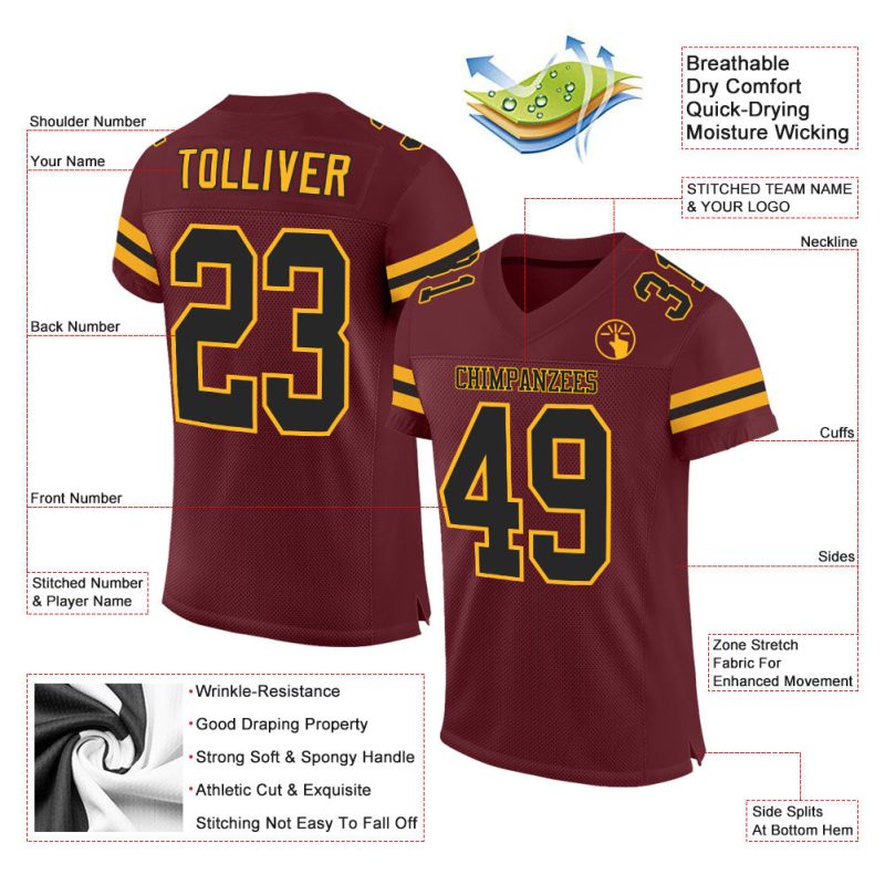 Personalized Burgundy Black-Gold Football Jersey Mesh for Men and Women Personalized Burgundy Black-Gold Mesh Football Jersey